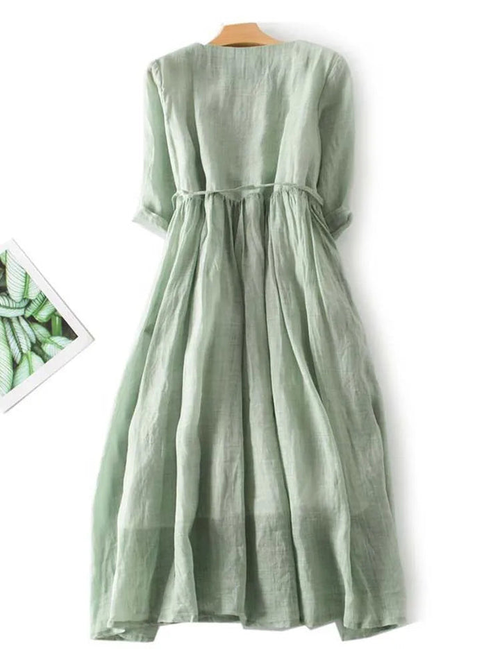 Valantomode | Chic Green Linen Look Midi Dress for Effortless Style