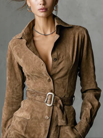 Valantomode | Stylish Suede Shirt Dress for Trendy Women