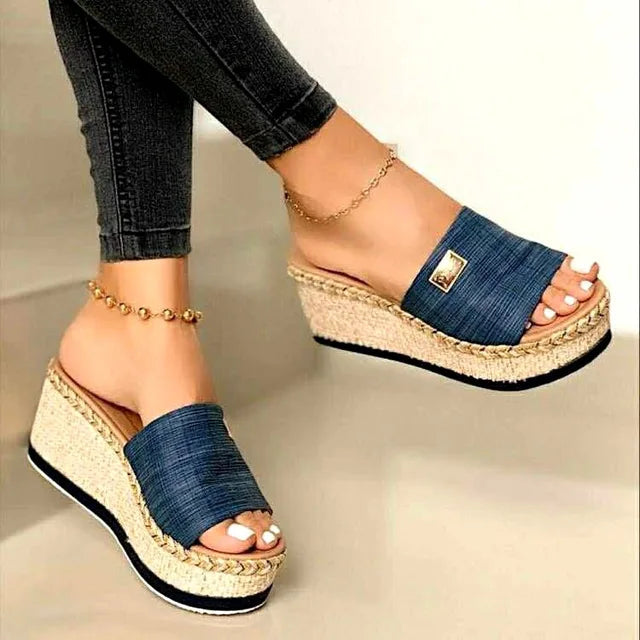 Valantomode | Women's Jute Wedge Sandals - Chic Open-Toe Comfort