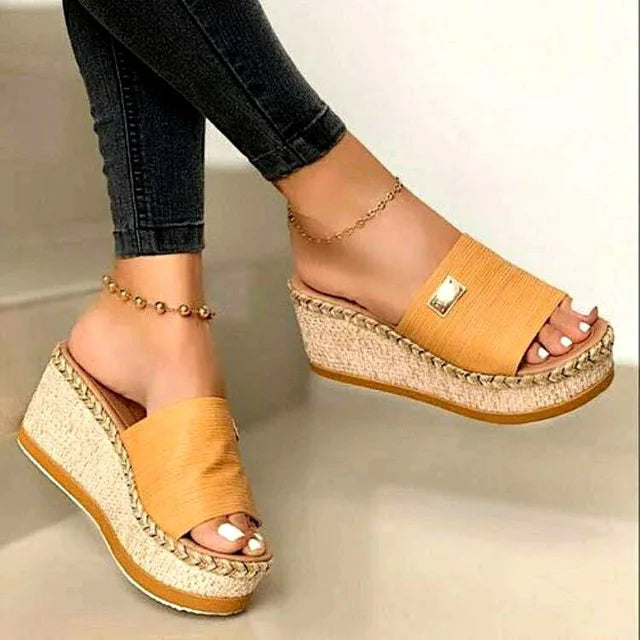 Valantomode | Women's Jute Wedge Sandals - Chic Open-Toe Comfort