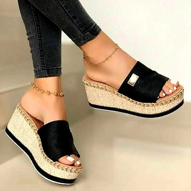 Valantomode | Women's Jute Wedge Sandals - Chic Open-Toe Comfort