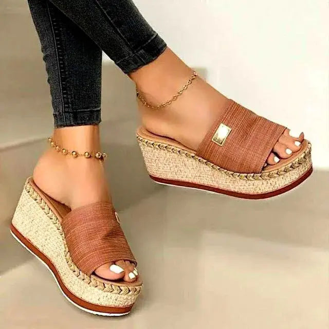 Valantomode | Women's Jute Wedge Sandals - Stylish Slip-On Design