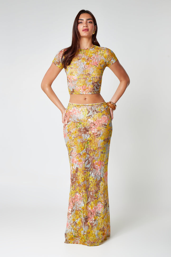 Valantomode | Yellow Floral Print Two-Piece Set for Effortless Style