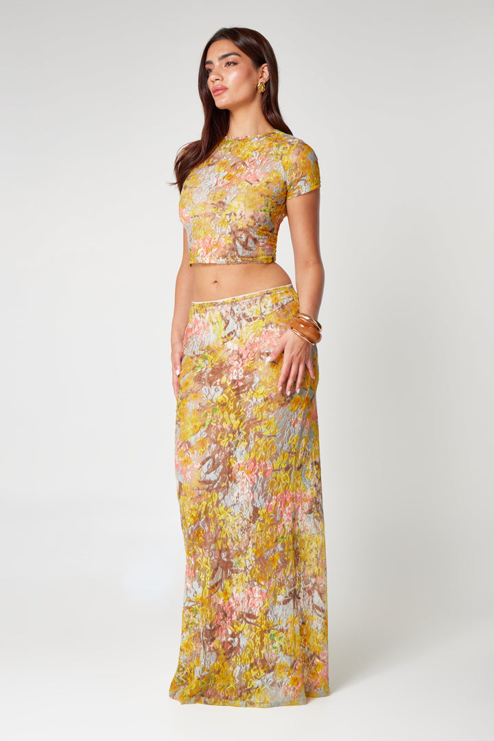 Valantomode | Yellow Floral Print Two-Piece Set for Effortless Style