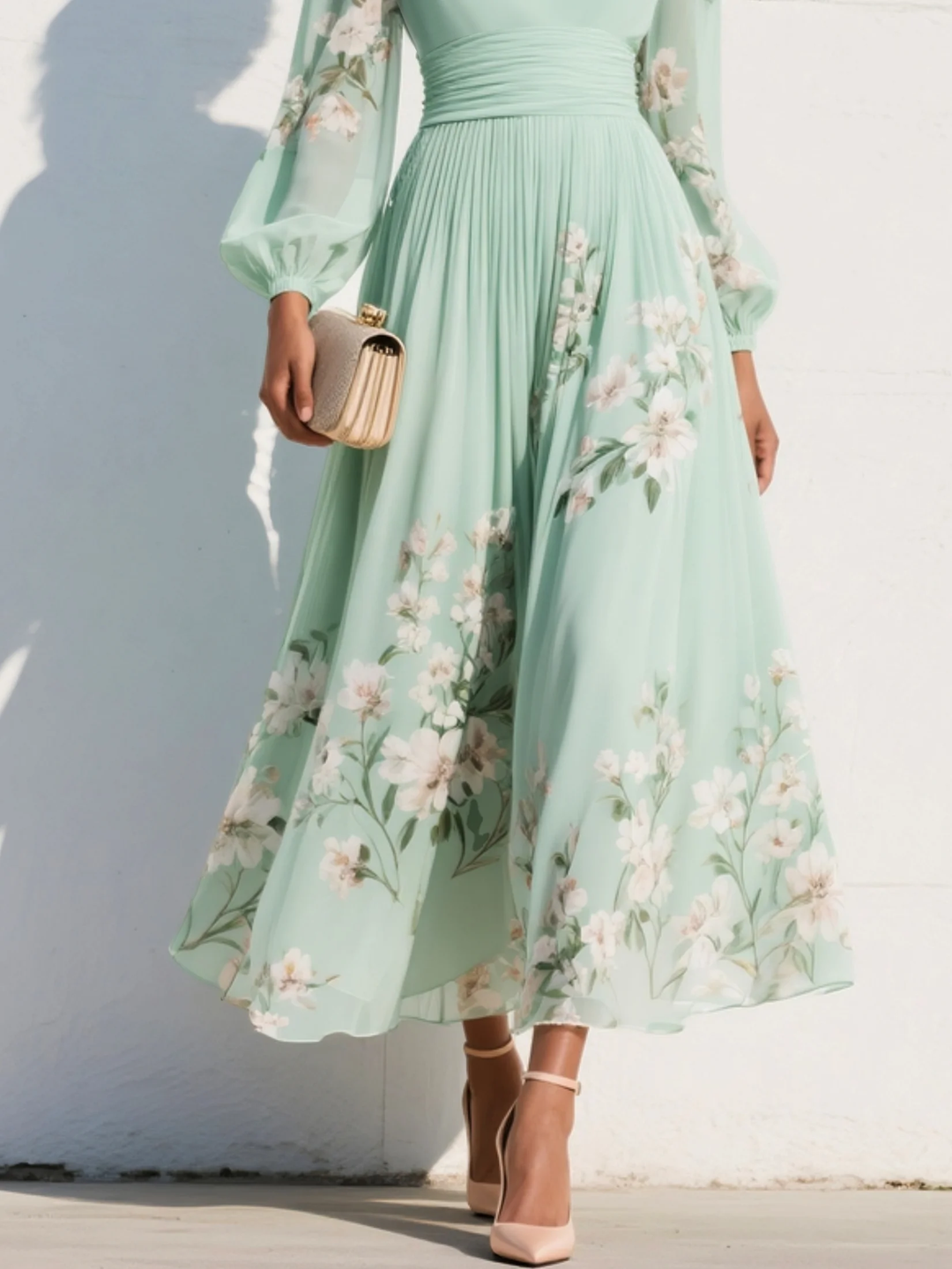 Valantomode | Light Green Floral Midi Dress with Stylish V-Neck Design