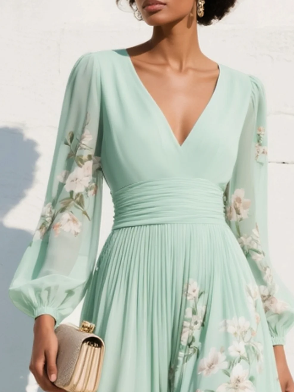 Valantomode | Light Green Floral Midi Dress with Stylish V-Neck Design