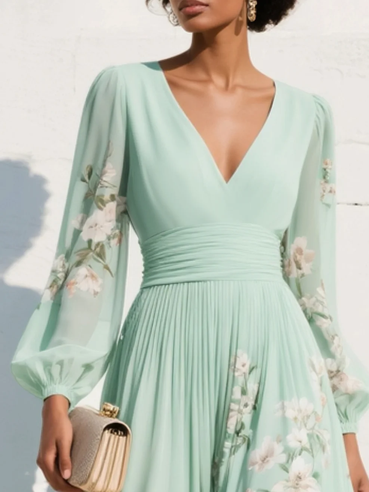 Valantomode | Light Green Floral Midi Dress with Stylish V-Neck Design