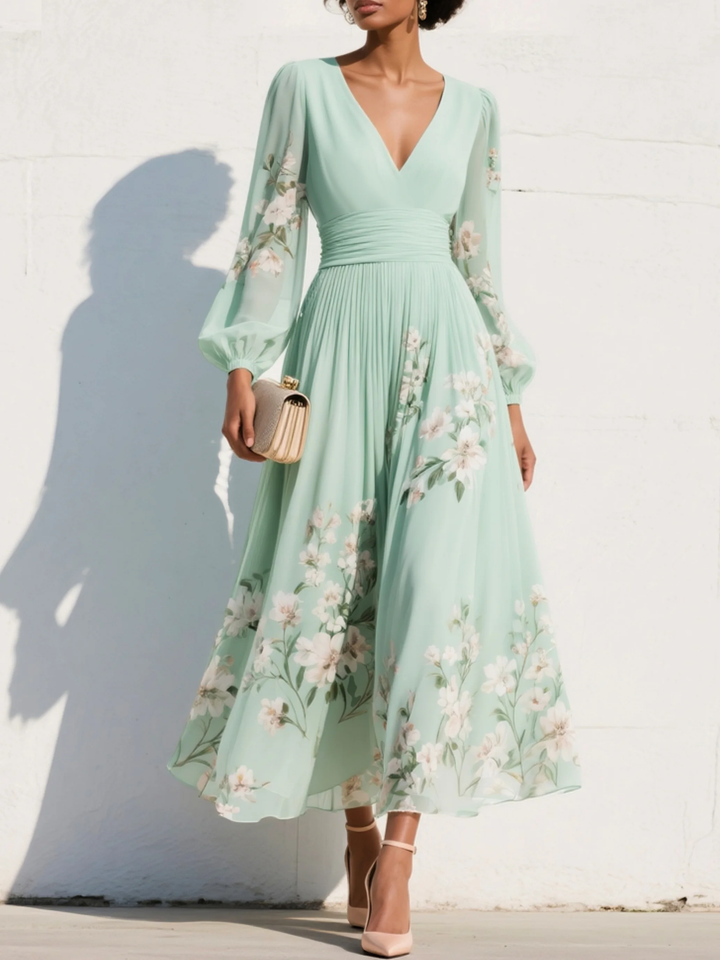 Valantomode | Light Green Floral Midi Dress with Stylish V-Neck Design