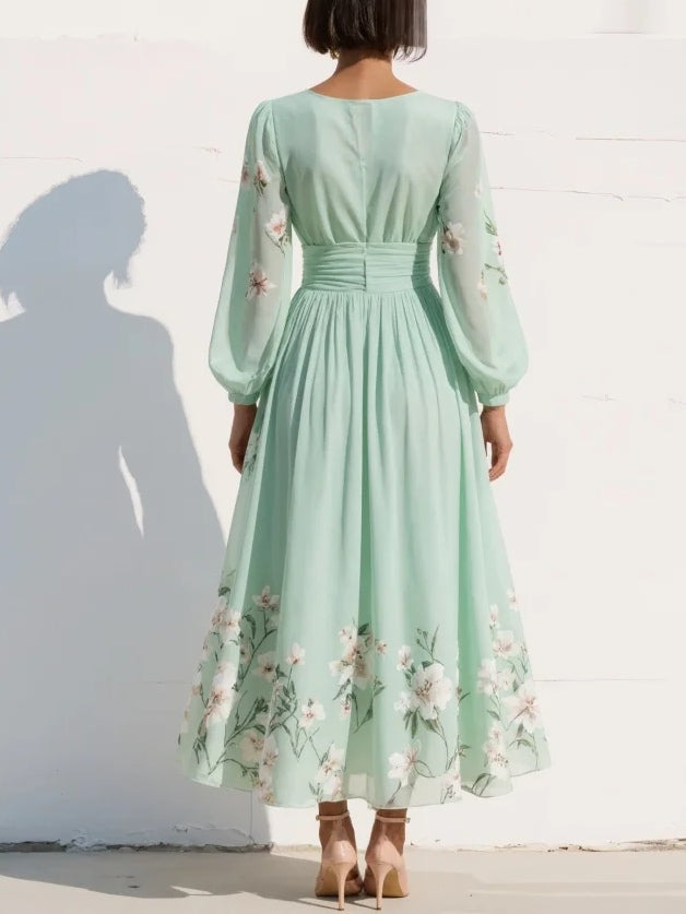 Valantomode | Light Green Floral Midi Dress with Stylish V-Neck Design