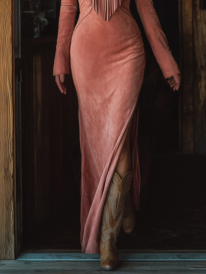 Valantomode | Chic Pink Maxi Dress with Western Tassel Embroidery