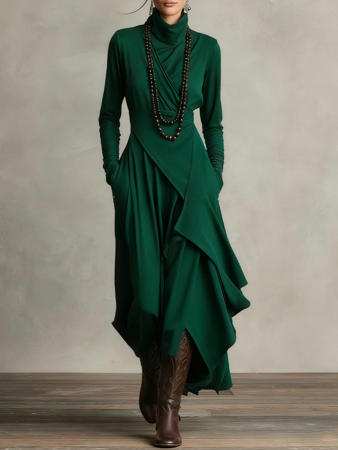Valantomode | Chic Asymmetrical Maxi Dress with High Neck Style