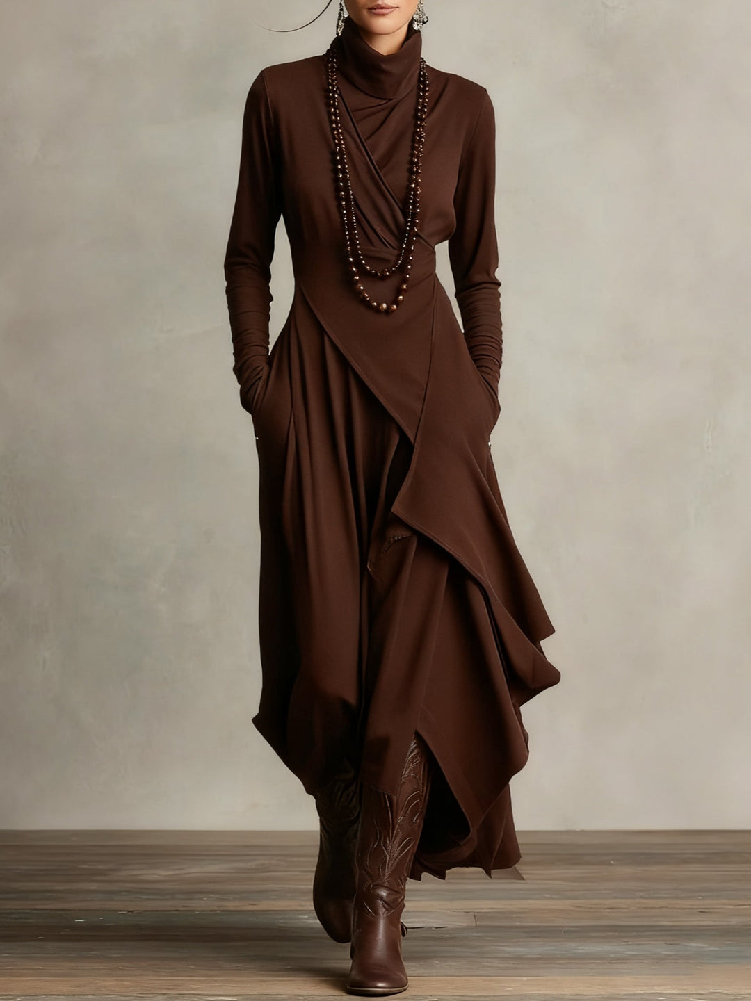 Valantomode | Chic Asymmetrical Maxi Dress with High Neck Style