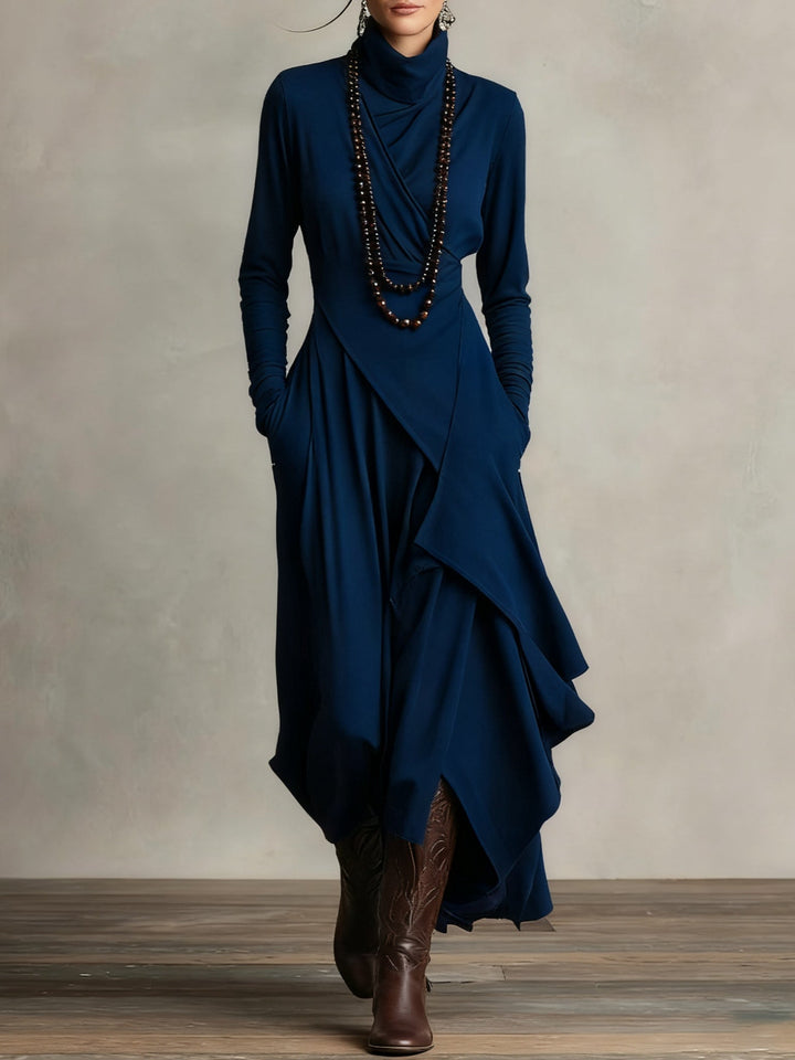 Valantomode | Chic Asymmetrical Maxi Dress with High Neck Style