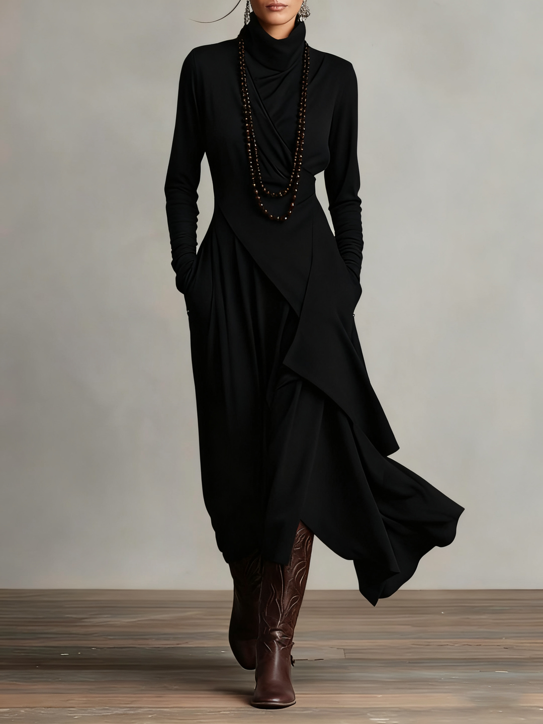Valantomode | Chic Asymmetrical Maxi Dress with High Neck Style