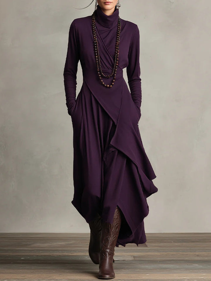 Valantomode | Chic Asymmetrical Maxi Dress with High Neck Style