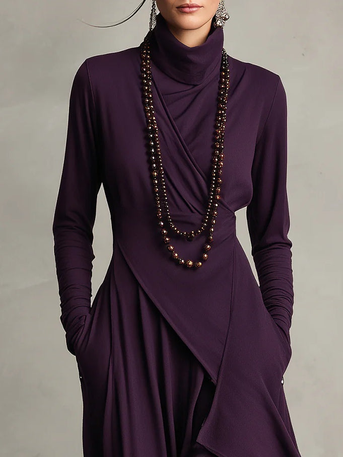 Valantomode | Chic Asymmetrical Maxi Dress with High Neck Style
