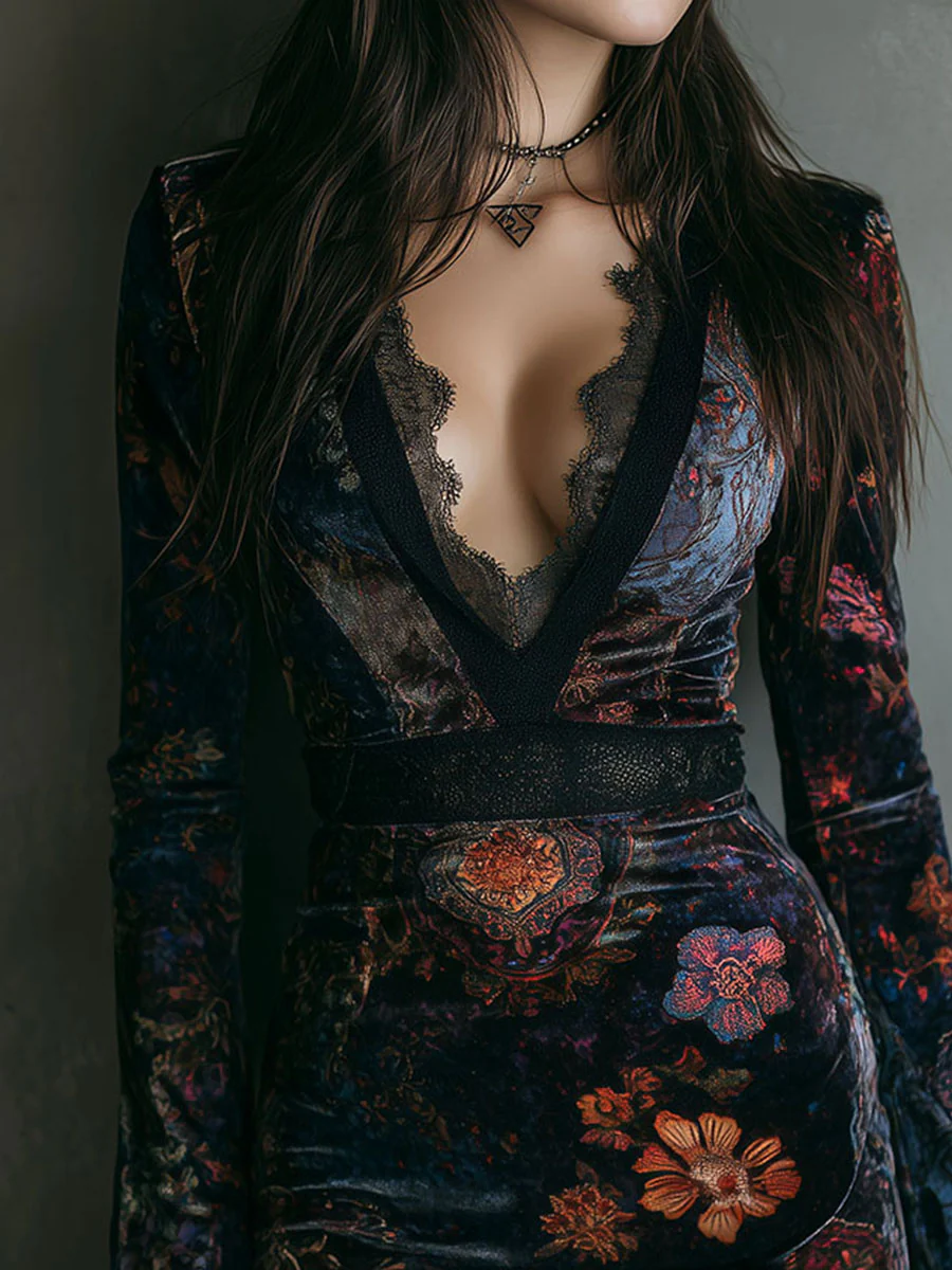 Valantomode | Chic Floral Mini Dress with Velvet Lace Trim for Parties