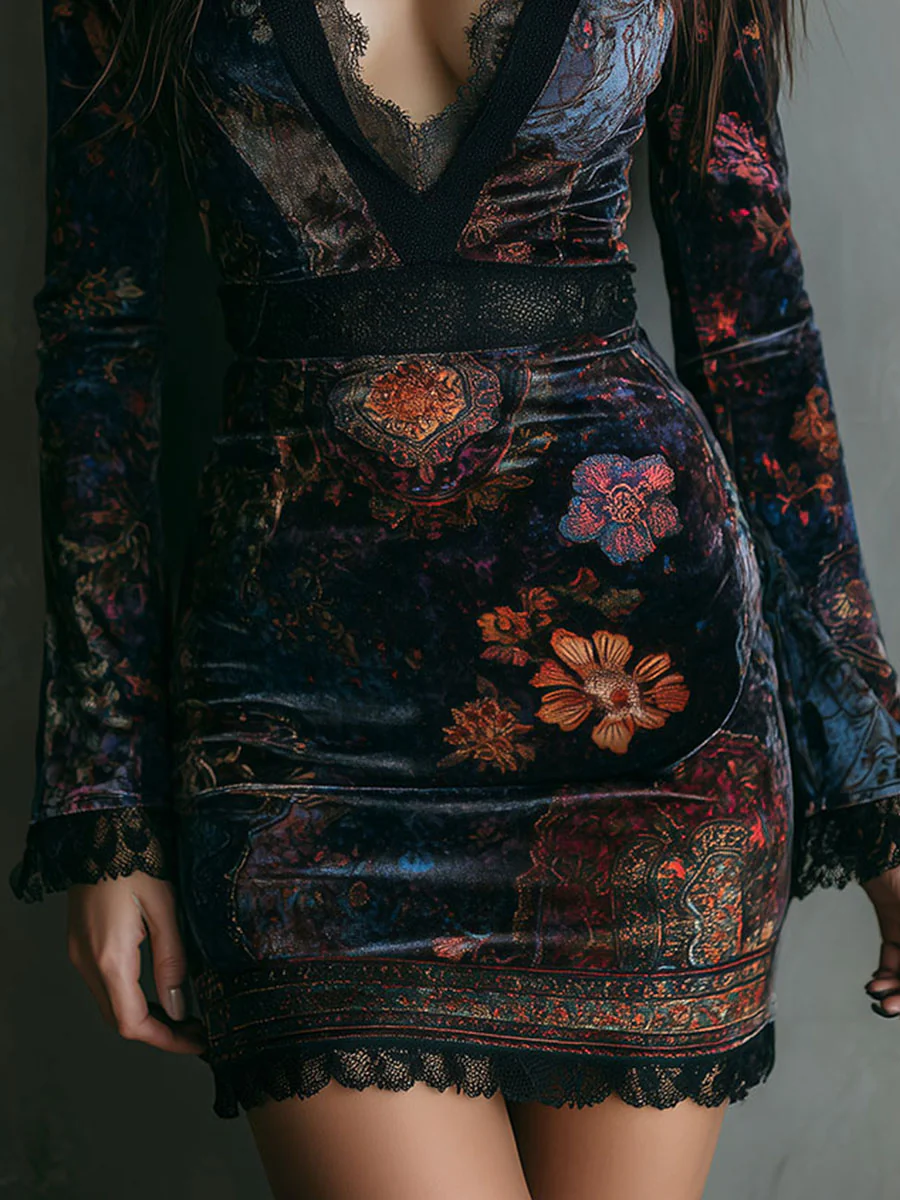 Valantomode | Chic Floral Mini Dress with Velvet Lace Trim for Parties