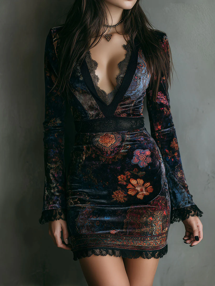 Valantomode | Chic Floral Mini Dress with Velvet Lace Trim for Parties