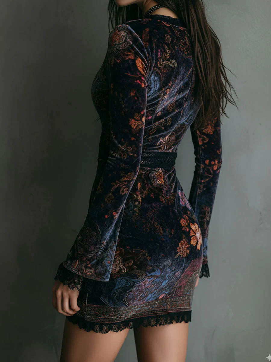 Valantomode | Chic Floral Mini Dress with Velvet Lace Trim for Parties