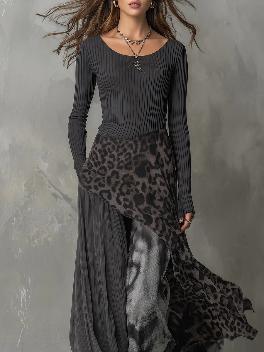 Valantomode | Chic Gray Animal Print Maxi Dress with Asymmetrical Hem