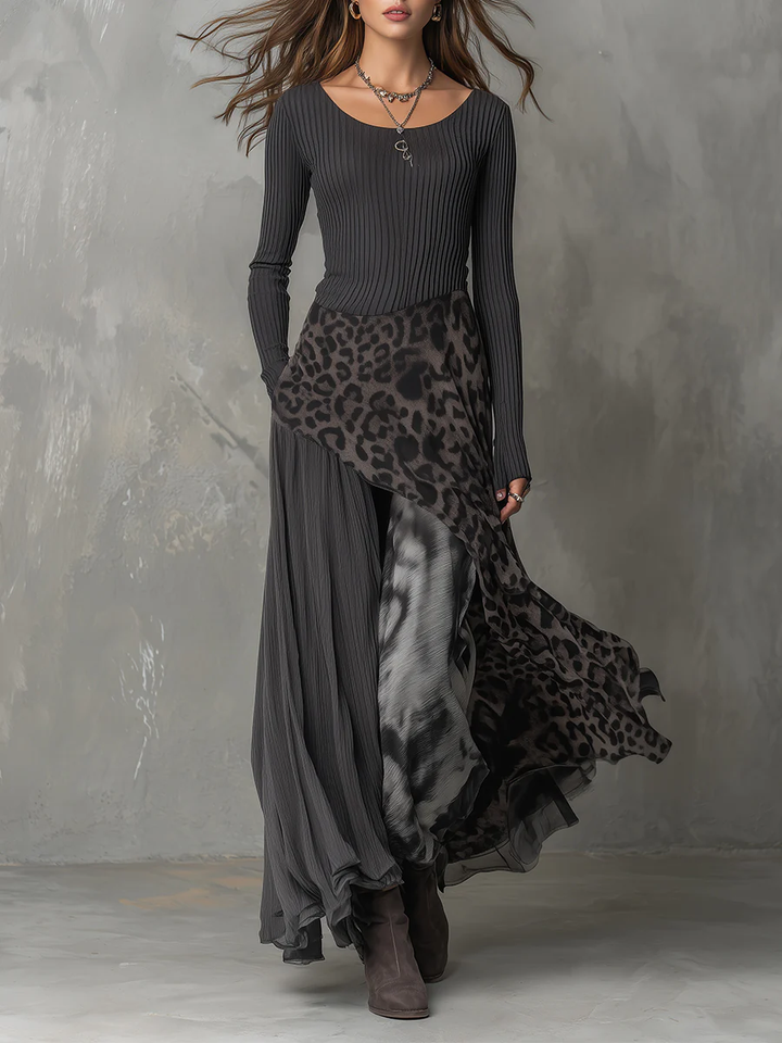 Valantomode | Chic Gray Animal Print Maxi Dress with Asymmetrical Hem