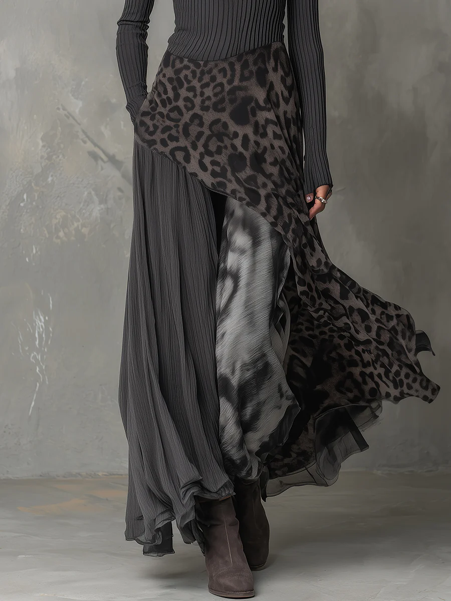 Valantomode | Chic Gray Animal Print Maxi Dress with Asymmetrical Hem