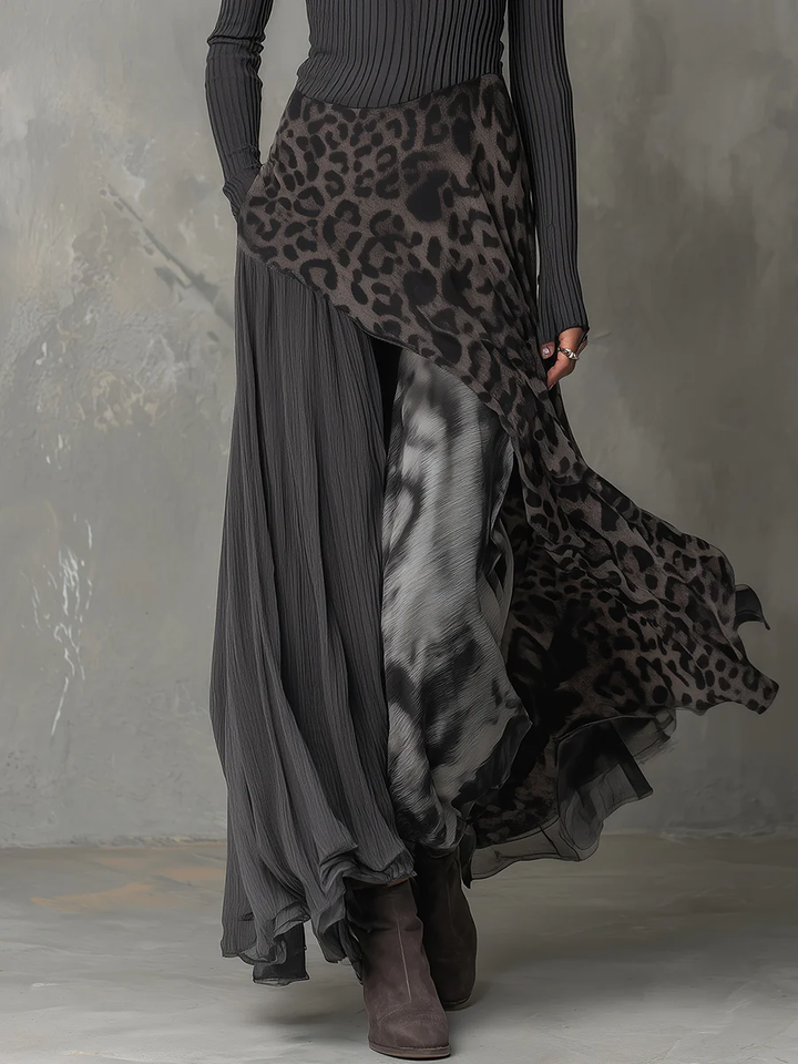 Valantomode | Chic Gray Animal Print Maxi Dress with Asymmetrical Hem