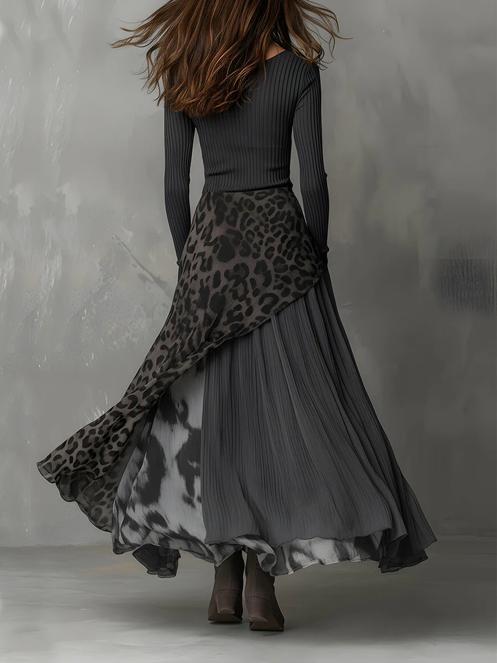 Valantomode | Chic Gray Animal Print Maxi Dress with Asymmetrical Hem