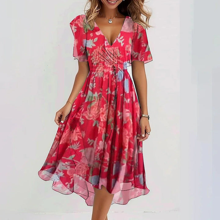 Valantomode | Floral V-Neck Midi Wrap Dress for Your Next Vacation