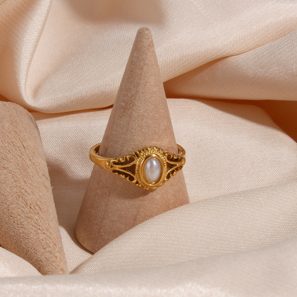 Valantomode | Plated Kendra Vintage Ring with Filigree-Imbricated Architecture and Freshwater Pearl