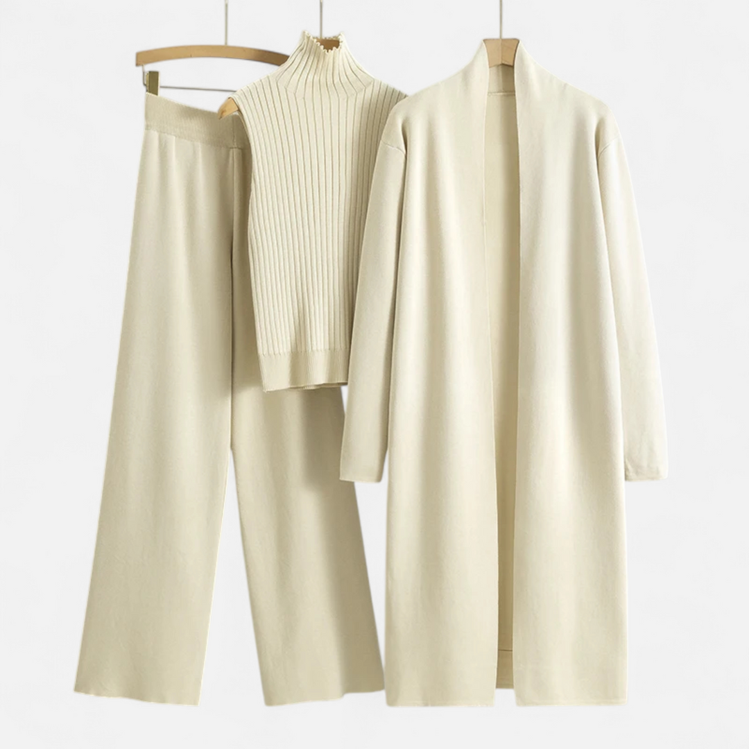 Valantomode | Women’s Soft Knitted 3-Piece Set - Cozy Cardigan, Crop Top & Pants Lounge Set