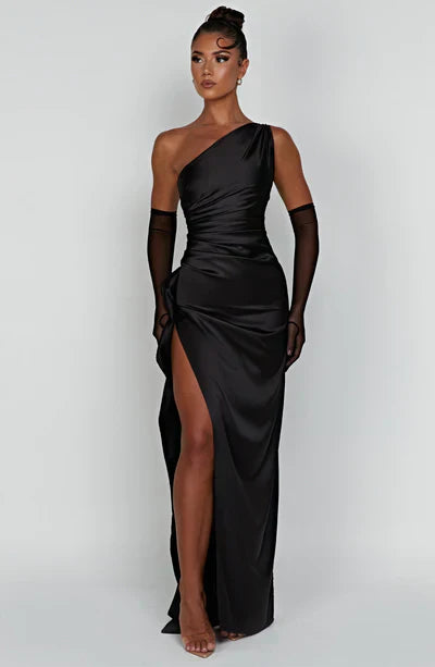 Valantomode | Elegant One-Shoulder Satin Maxi Dress for Special Occasions