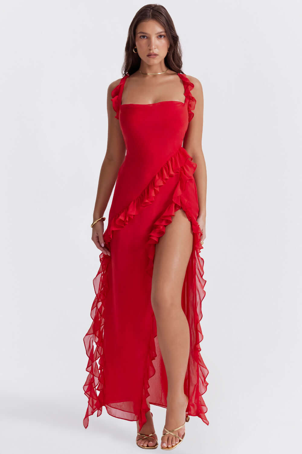 Valantomode | Elegant Ruffled Evening Dress for Sophisticated Style
