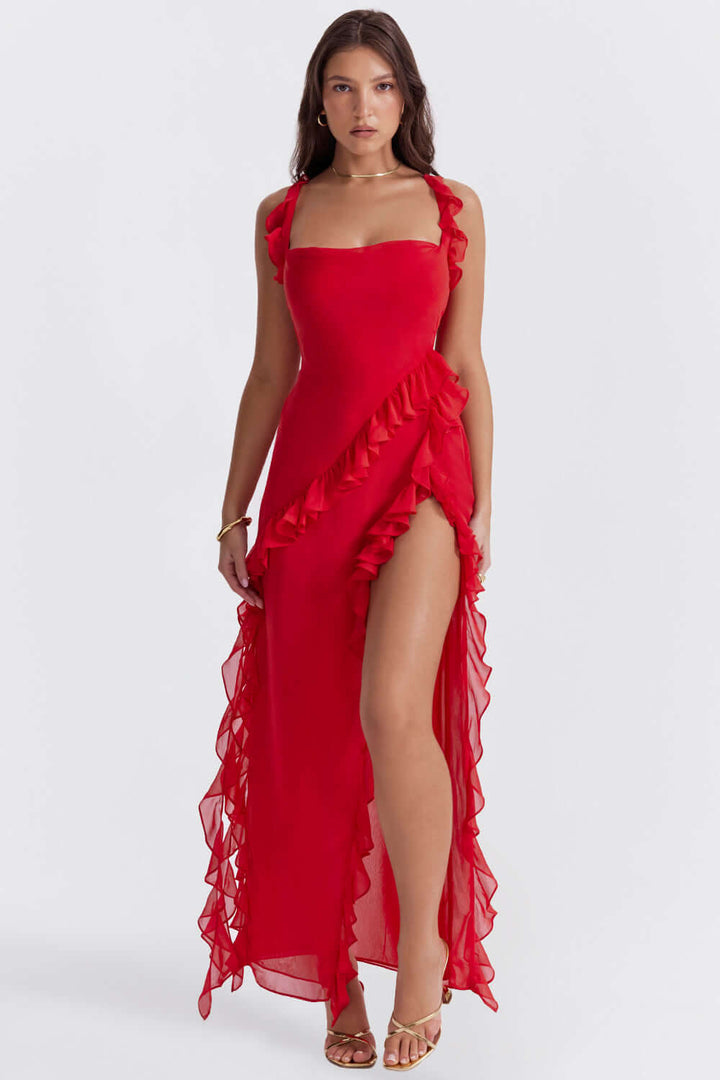 Valantomode | Elegant Ruffled Evening Dress for Sophisticated Style