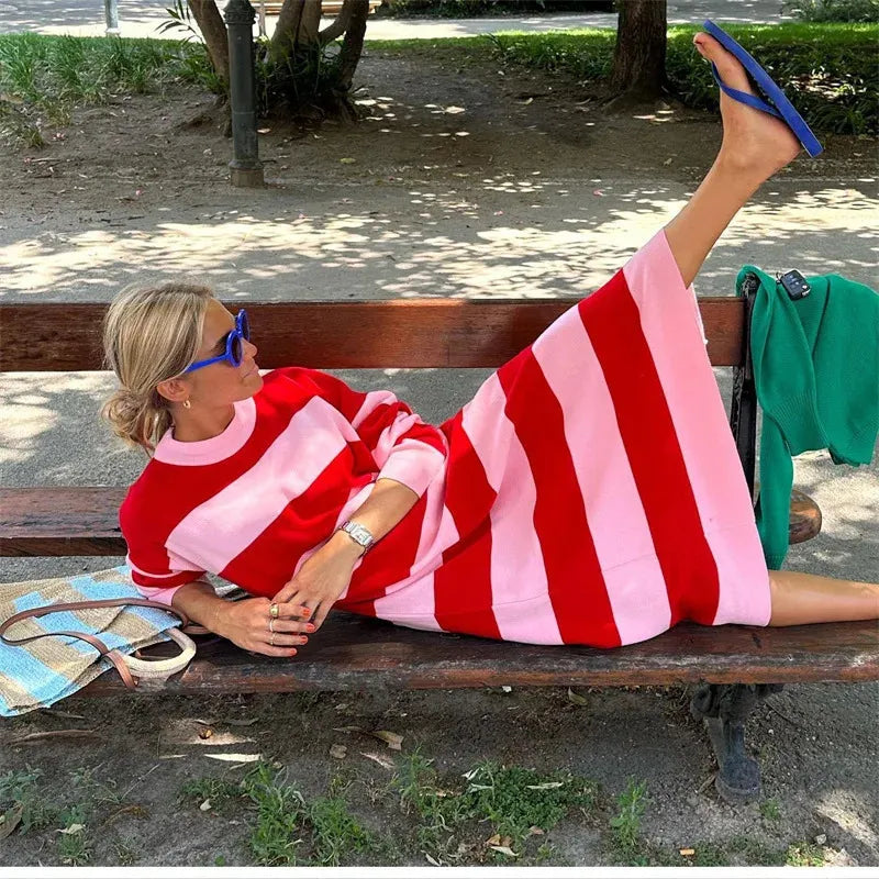 Valantomode | Striped Knit Dress in Red and Pink for Stylish Comfort