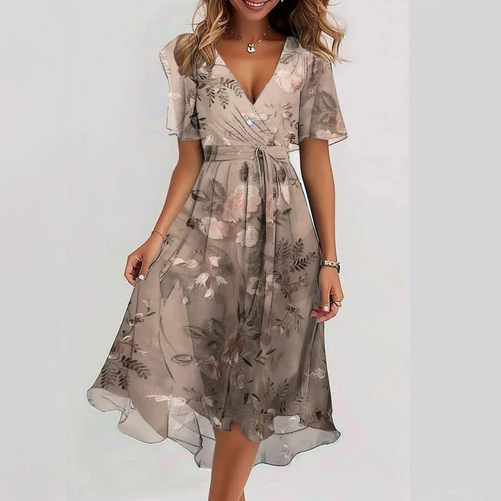 Valantomode | Floral V-Neck Midi Wrap Dress for Your Next Vacation
