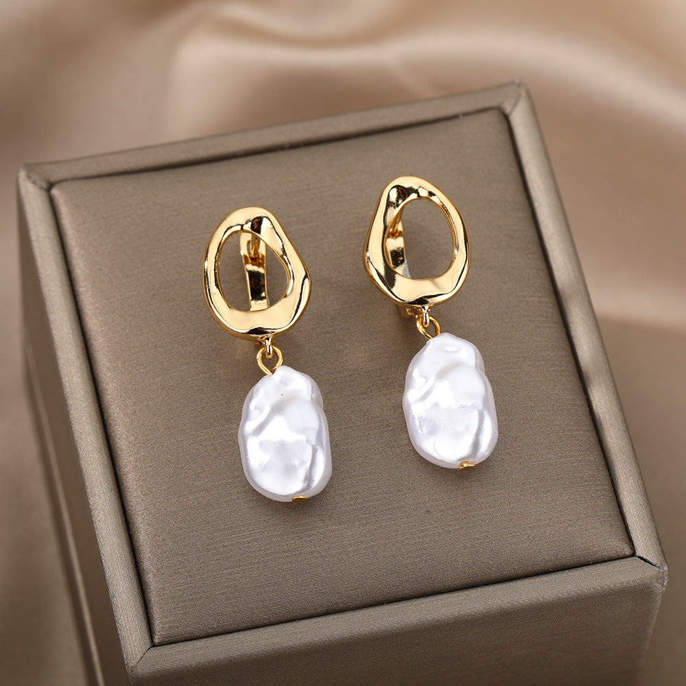 Valantomode | Plated Hoop Earrings with Suspended Freshwater Pearls for Women