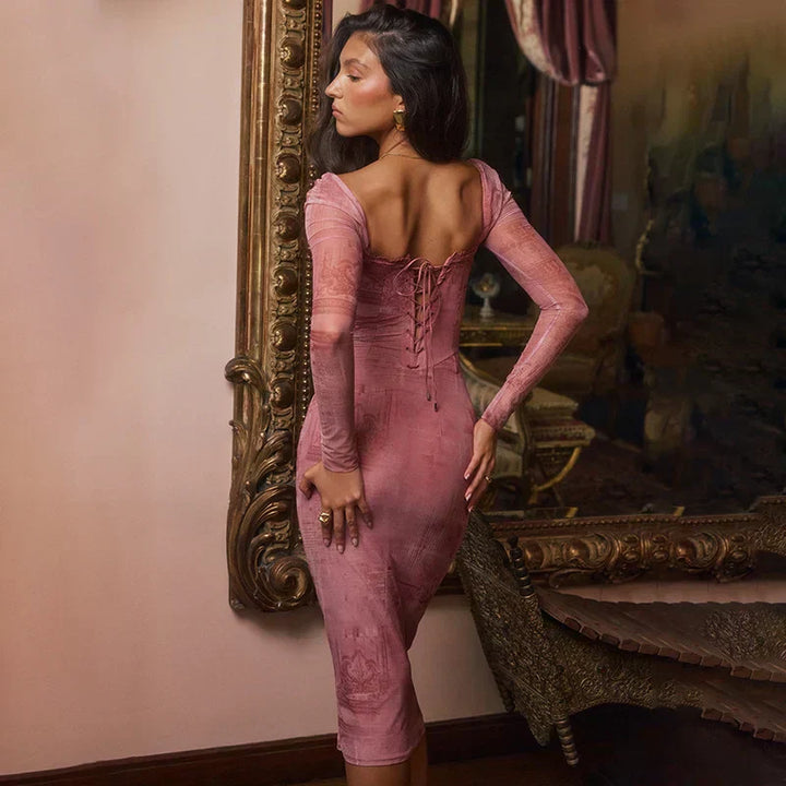 Valantomode | Elegant Pink Bodycon Midi Dress for Women’s Gala Events