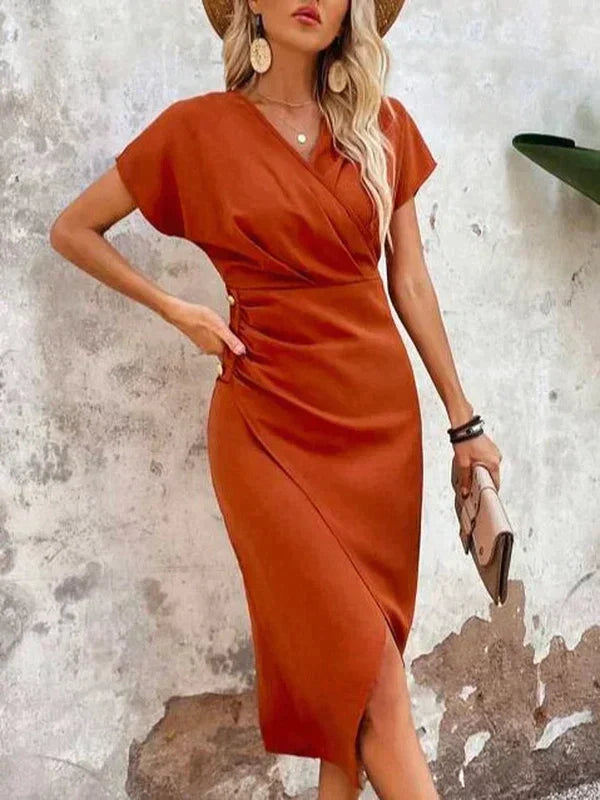 Valantomode | Ruches V-Neck Wrap Dress for Effortless Elegance