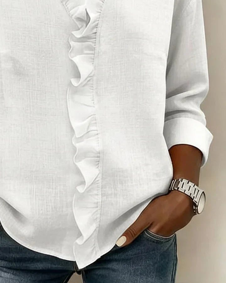 Valantomode | Blouse with Ruffles, V-Neck, Long Sleeves