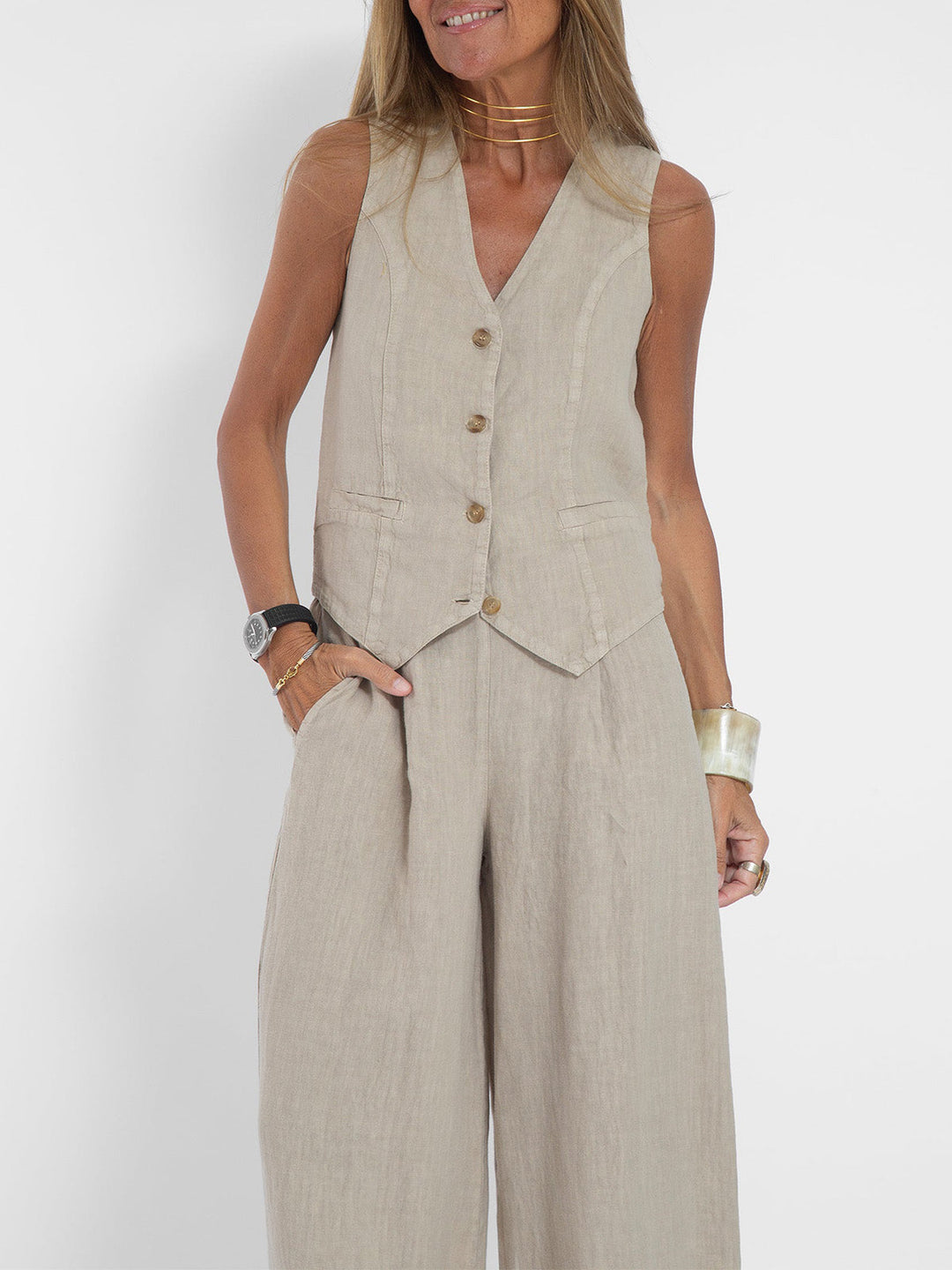 Valantomode | Chic Suit Set with Tailored Vest & Flowy Wide Pants