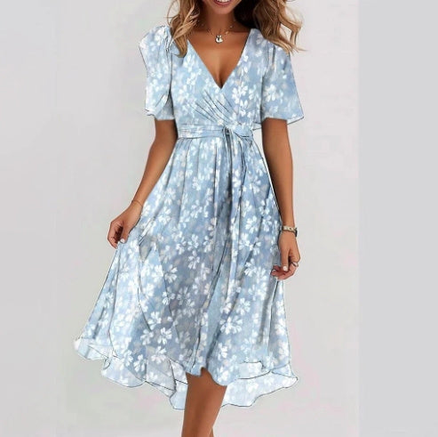Valantomode | Floral V-Neck Midi Wrap Dress for Your Next Vacation