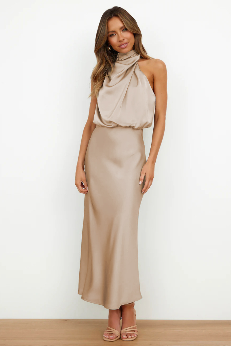 Valantomode | Elegant Draped Cowl Neck Maxi Dress for Effortless Style