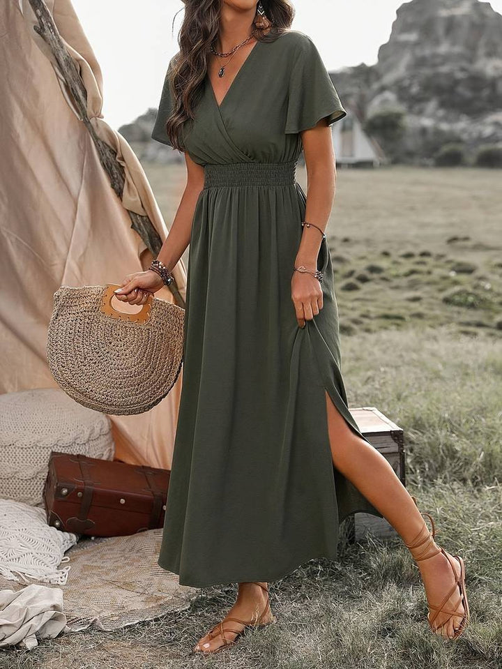 Valantomode | V-Neck Smocked Waist Maxi Dress for Effortless Elegance