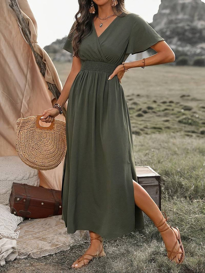 Valantomode | V-Neck Smocked Waist Maxi Dress for Effortless Elegance