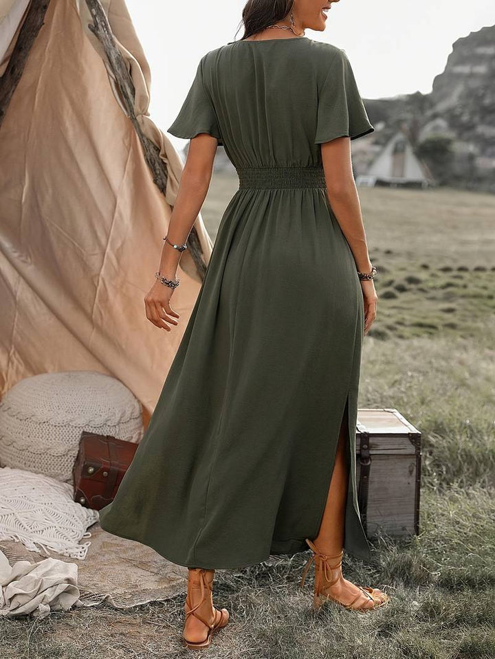 Valantomode | V-Neck Smocked Waist Maxi Dress for Effortless Elegance