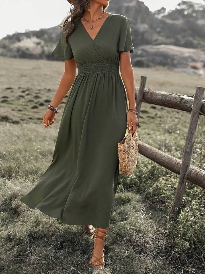 Valantomode | V-Neck Smocked Waist Maxi Dress for Effortless Elegance