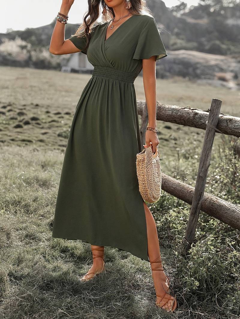 Valantomode | V-Neck Smocked Waist Maxi Dress for Effortless Elegance