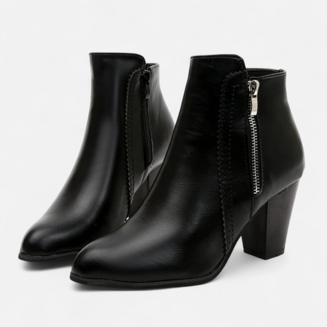 Valantomode | Women’s Vintage Zip-Heel Boots - Retro Block Heel Leather Booties
